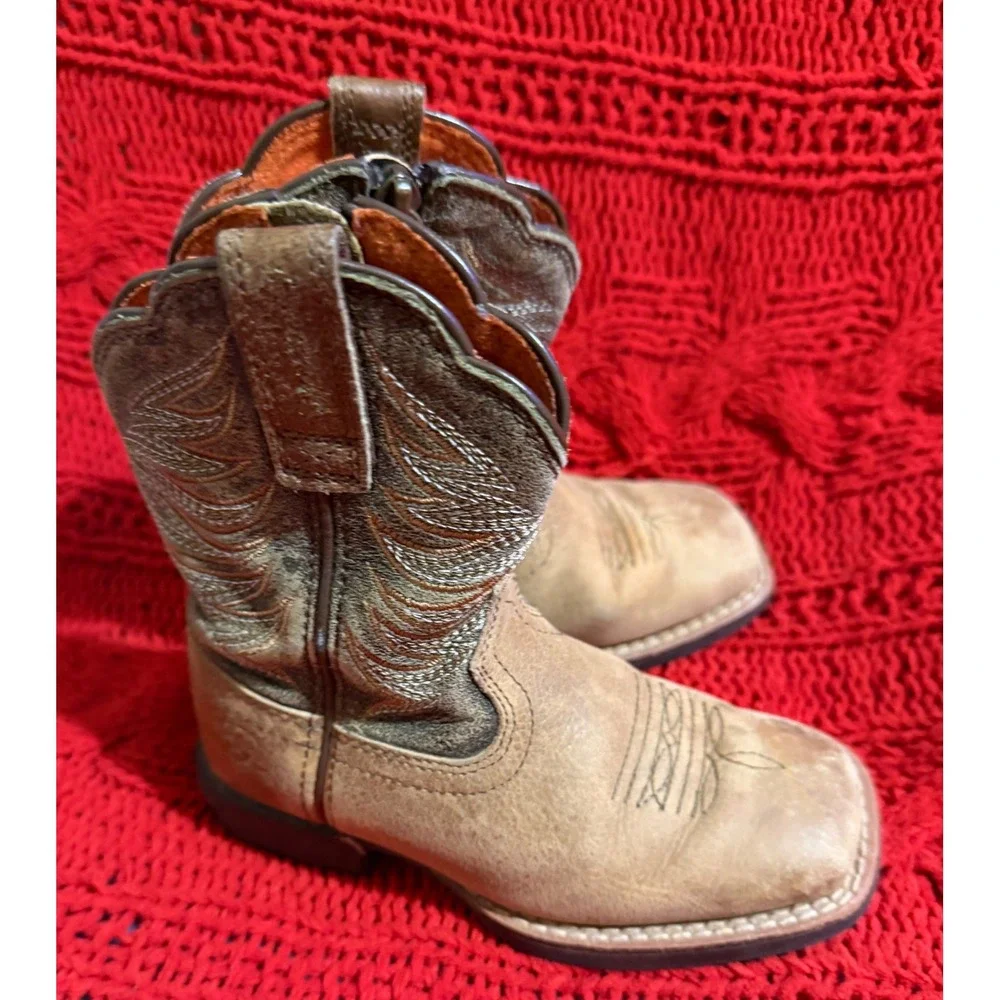 Ariat Kids Western Boots Brown Leather Square Toe Side Zip  Size 8 Toddler